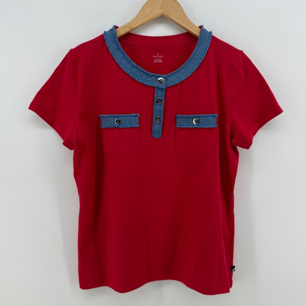 Nautica Womens Red Short Sleeve Top Denim Trim Pockets Size Medium